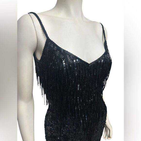 90’s Jacqueline Ferrar 100% Silk Beaded Fringe Black Dress Sleeveless Cocktail - Picture 4 of 16